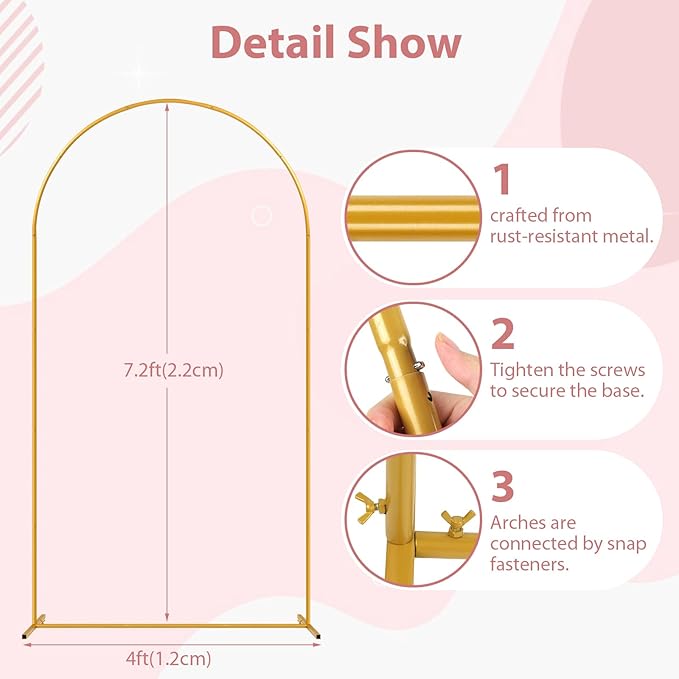 Tamodan 7.2 ft Arch Backdrop Stand, Gold Metal Wedding Arch Stand for Ceremony, Birthday Party, Bridal Baby Shower, Arch Stand for Floral, Balloon, Photo Booth Decorations