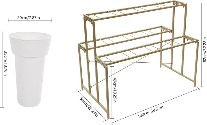 Flower Display Stand with 12 Pcs Buckets 3 Layers Metal Plant Stand Plant Cart Shelf Flower Bucket Rack Stand for Indoor Florist Garden Patio (Gold Stand-White Round Buckets)