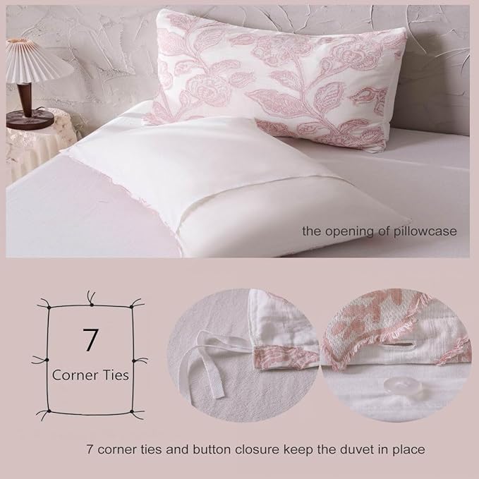 meadow park Cotton Clipped Jacquard Duvet Cover Set Queen, 3 Pieces Jacobean Floral Bedding Set (Pink, Queen)