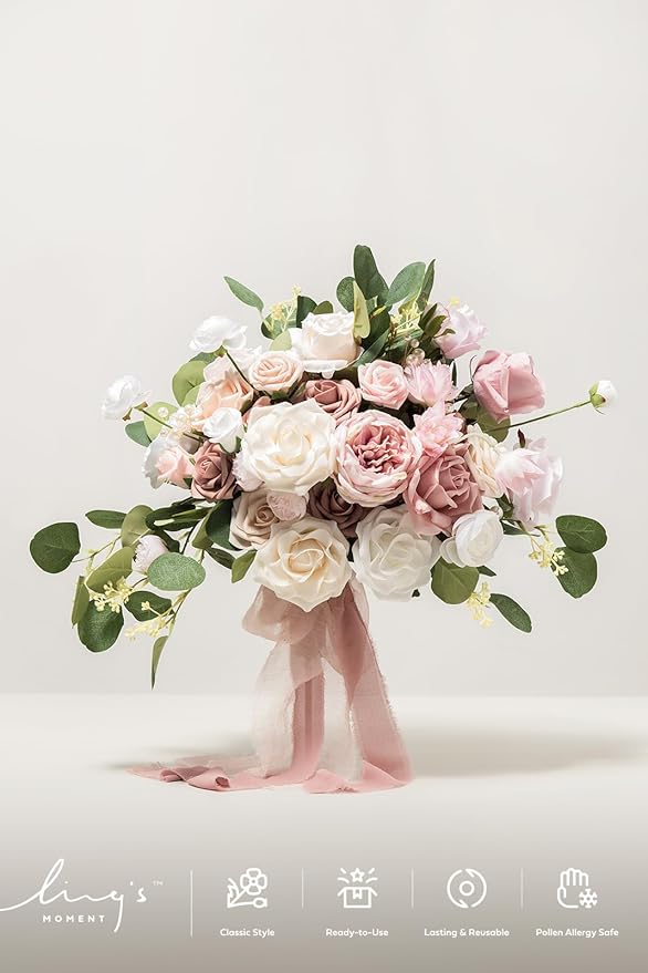 Ling's moment Pink Wedding Bouquets for Bride, Dusty Rose Bridal Bouquets for Bride, 15 Inch Free Form Artificial Wedding Flowers Bouquets
