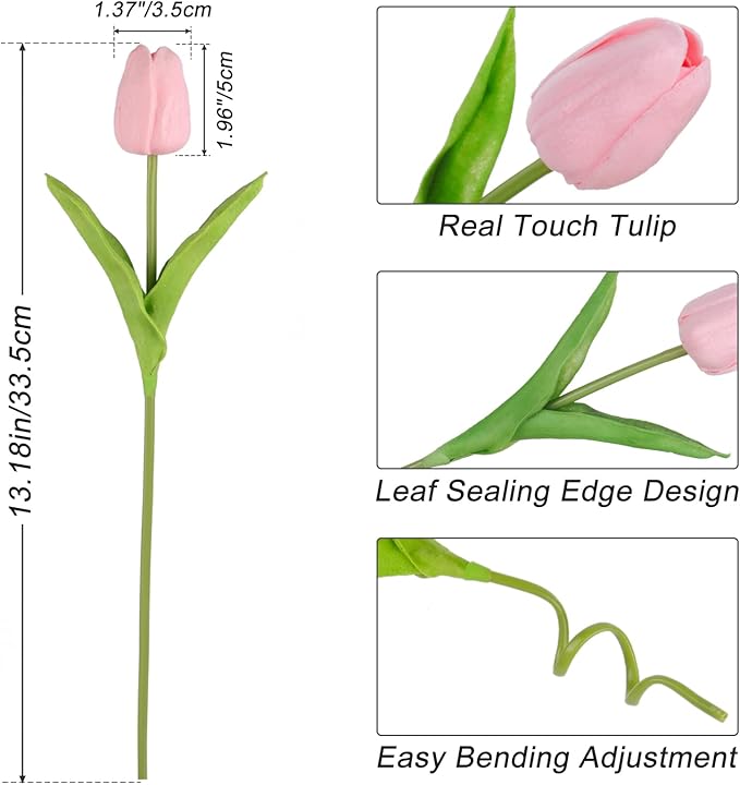 Beferr Pink Tulips Artificial Flowers 18Pcs Faux Tulip Real Touch Tulip Fake Flowers Bouquets Arrangements for Mothers Day Spring Easter Wedding Home Table Decor Pink