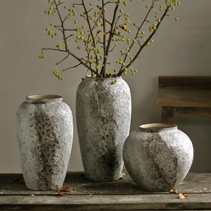 Denique Rustic Ceramic Tall Floor Vase, Vintage Farmhouse Decor, Large Terracotta Vases for Living Room Entryway Table Centerpiece Decor, Terracotta Pottery Clay(A-22cm)