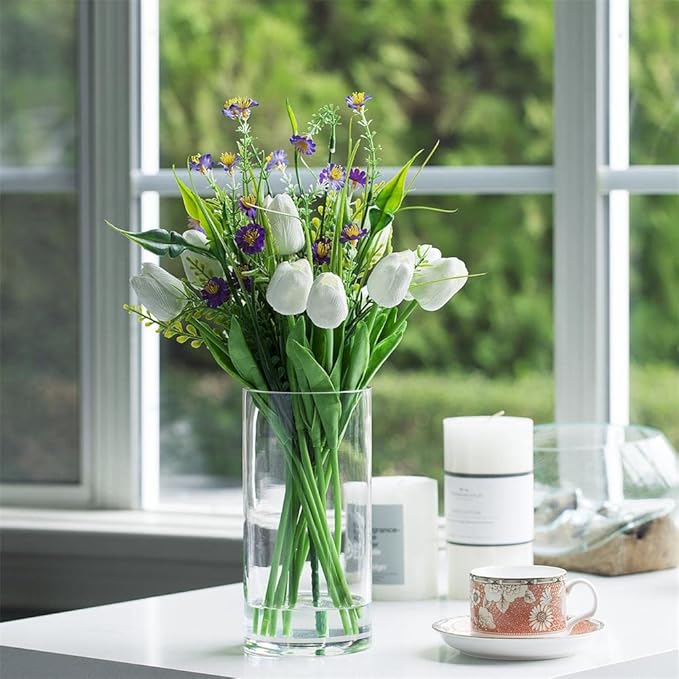 Enova Floral Clear Glass Cylinder Vase 5 x 10 Inches Round Flower Vase, Pillar Candle Floating Candle Holder Vase, Tall Glass Vase for Flowers, Glass Vase for Decor, Wedding Centerpieces (1 Piece)