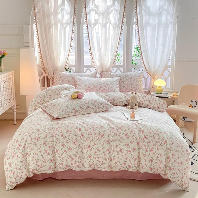 VM VOUGEMARKET Vintage Pink Floral Comforter Set Queen 3 Pieces Garden Flower Bedding Comforter for Teen Girls Reversible Cute Pink White Bedding Set
