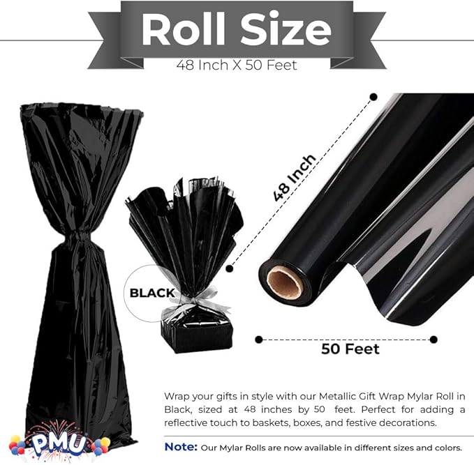 PMU Gift Wrap Mylar Roll Metallic Black 2-sided, 48 Inches X 50 Ft Roll 1.4 Mil Highly Reflective Mylar Film, Great for Gifts, Birthdays, Christmas, Baskets, Arts & Crafts