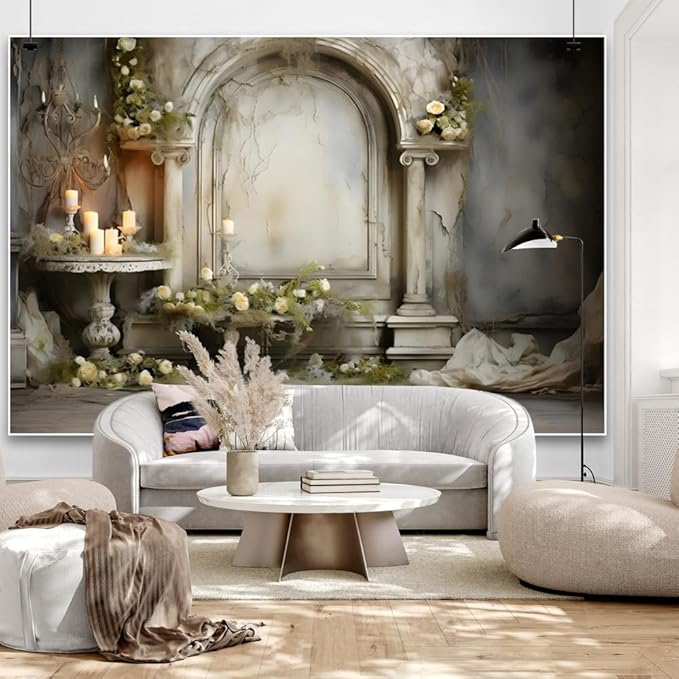 7x5ft Vintage Concrete Building Wall Backdrop Retro Candle White Floral Photography Background for Wedding Mothers Day Valentines Day Bridal Birthday Princess Couples Women Portraits