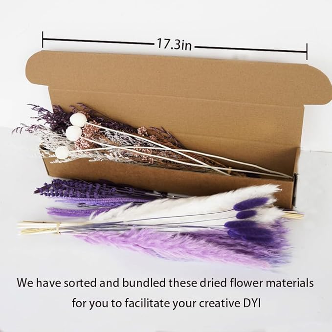 Natural Dried Pampas Prairie Bouquet, 17 "Natural Dried Bouquet, Purple Pampas and Millet Flower Mixed Bouquet Bohemian Style Family Wedding Dried Flower Decoration