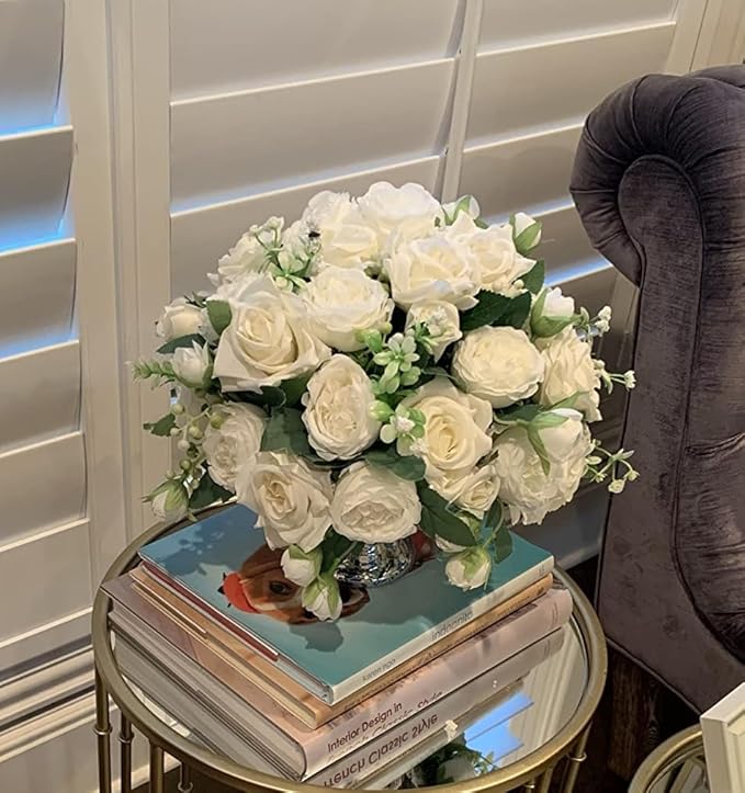 Artificial Peonies Silk Flowers, White Faux Peony Bouquet 2 Bundles Florals Arrangements Decor for Farmhouse Home Boho Wedding Table Centerpiece, Fake Plastic Flowers Bulk for Vase Decoration (White)
