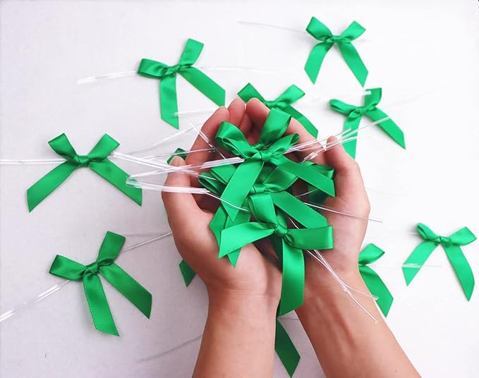 100 Pieces 3 inch Satin Ribbon Twist Tie Bows, Pretied Bows with Twist Ties, Twist Bows Treats Bags, Bow Ties for Treats, Cake Pops, Baby Shower, Crafts, Gift Wrapping Favors, Cookies (Green)