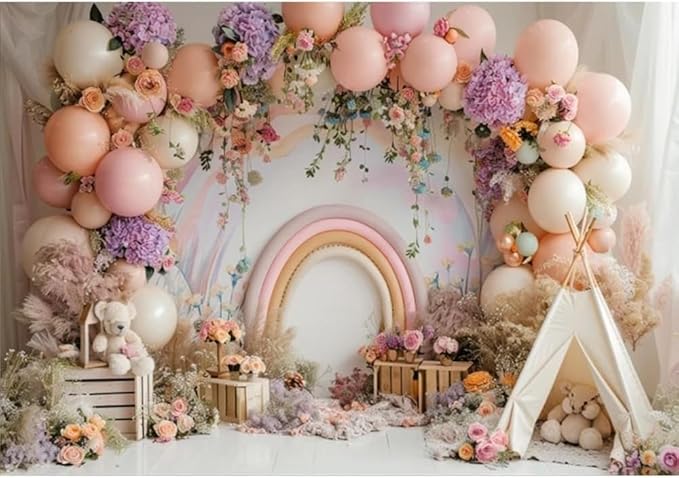 Newborn Baby 1st Birthday Photography Backdrop - Balloons Tent Flower Decor Background for Kids Birthday Party Baby Shower Portrait Cake Smash Props (6x4ft)