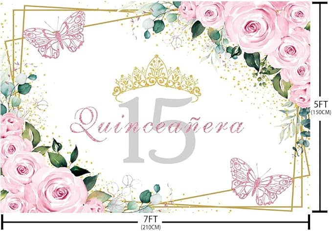 Sendy 7x5ft Quinceañera Backdrop Mis Quince 15 Anos Birthday Party Decorations Supplies for Girl Princess Pink Floral Butterfly Gold Crown Photography Background Banner Photo Booth Studio Props