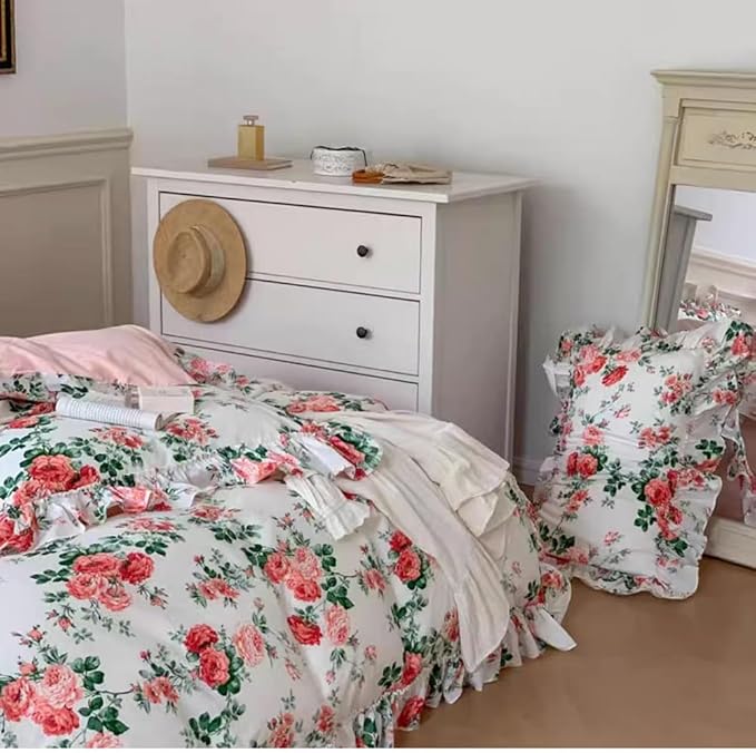 LifeTB Pink Flower Ruffle Comforter Set Full Size Vintage Floral Botanical Comforter Romantic Ruffle Lace Cottagecore Bedding Set Lightweight Fluffy Aesthetic Flowers Comforter Set with 2 Pillowcases