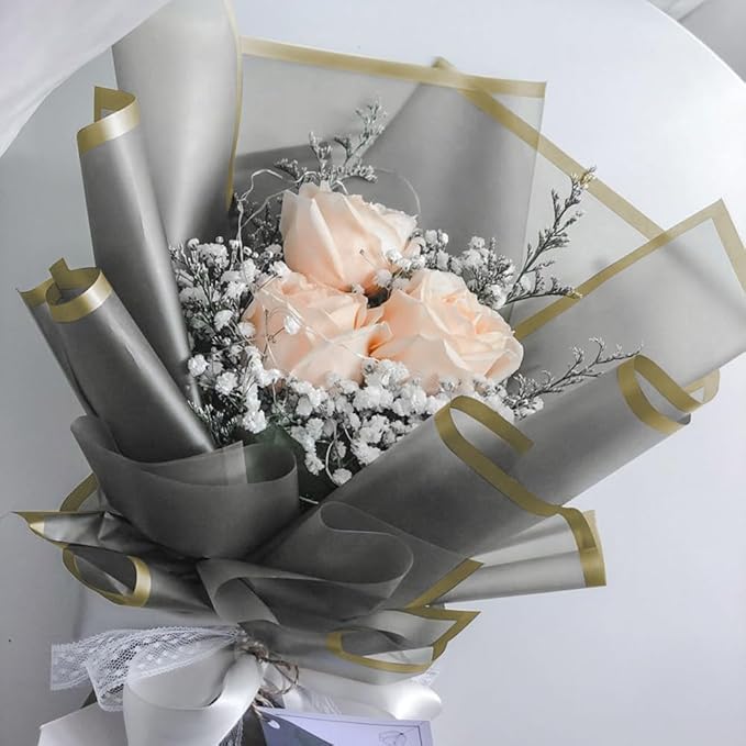 WRAPAHOLIC 20 Sheets Flower Wrapping Paper - 22.4 x 22.4 inch Gold Trim Light Grey Water-Resistant Floral Bouquet Wrapping Paper, Florist Supplies Packaging Paper for Wedding Birthday Gift DIY