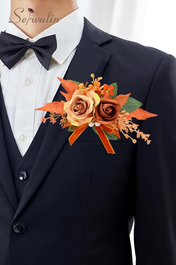 Serwalin Set of 2 Boutonniere for Men, 6-7 Inch Corsage Groom and Best Man Boutonnieres for Wedding Prom Ceremony Anniversary Party Cake Topper (Orange)