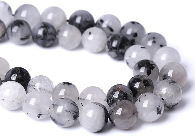 12MM 30PCS Natural Crystal Stone Black Rutile Quartz Gemstone 2A Grade Loose Beads for Jewelry Making DIY Bracelet Necklace Semi Precious Beads 1 Strand