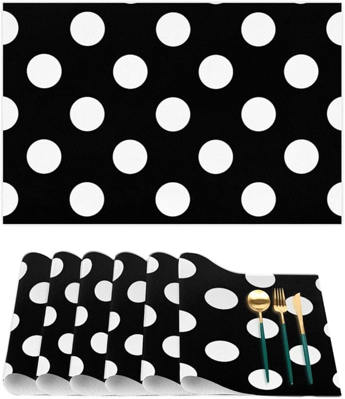 Black White Polka Dot Placemats Set of 1 PVC Vinyl Non Slip Table Mats Waterproof Heat Resistant Place Mats Washable Wipeable Dining Table Mat for Kitchen Party Farmhouse Indoor Outdoor Decorative