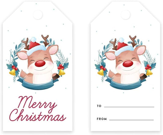 Andaz Press Christmas Holiday Season Classic Gift Tags, Merry Christmas to from Classic Favor Tags, Happy Reindeer with Santa Hat Design, for Holiday Events, Parties, and Favors, 60-Pack