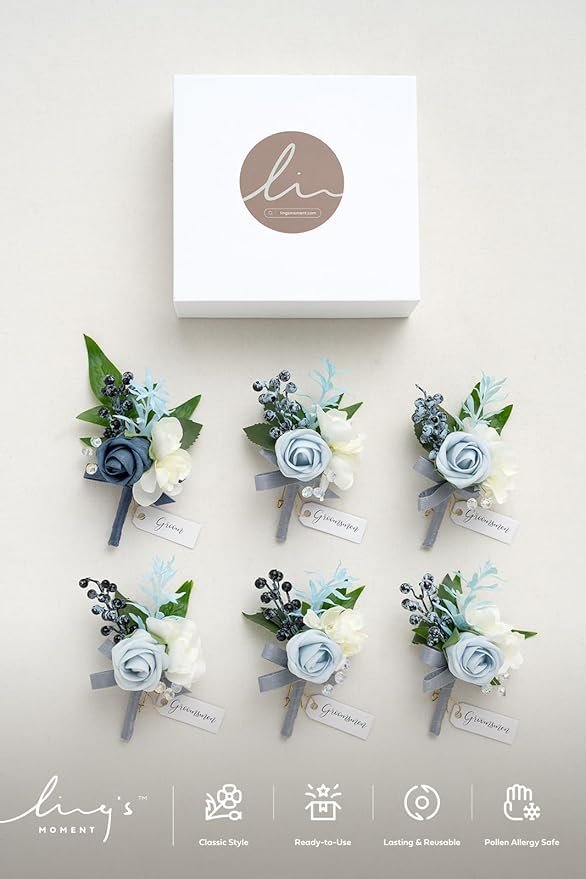 Ling's moment Boutonniere for Men, 6pcs Groom Groomsmen Boutonniere, Artificial Flowers for Wedding Decor/Prom/Homecoming, etc.Dusty Blue Light Blue