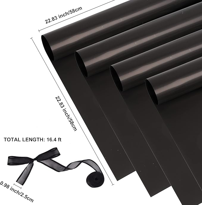 Kosotody 20 Sheets Waterproof Floral Wrapping Paper,Florist Bouquet Packaging Paper with Ribbon, 22.8x22.8 inch (Double Black)…