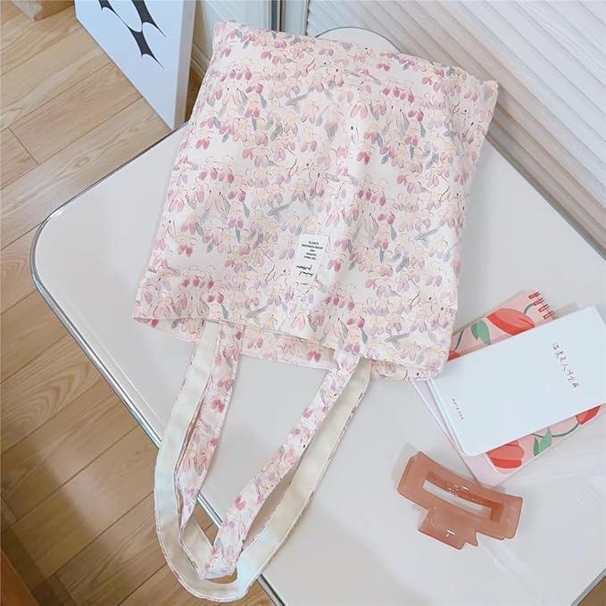 Cotton Canvas Tote Bag Reusable Soft Grocery Cloth Bag Floral Shoulder Bag for Beach Travel Shopping