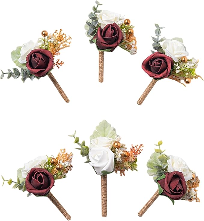 Meldel Boutonniere for Men Wedding,Set of 6,Groom and Groomsman Boutonniere for Wedding,Greenery Rose Corsage for Men Ceremony Anniversary Party Prom Homecoming,Burgundy White