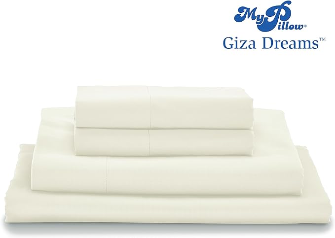 MyPillow Giza Dreams Bed Sheets, 100% Certified Giza Egyptian Cotton, Deep Pocket, Sateen Weave [Twin, Ivory]