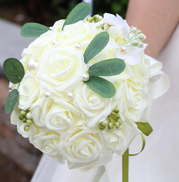 Lightweight Bridal Wedding Bouquet Round Holding Bouquet Throw Toss Artificial Rose Flower Bunch for Bride Bridesmaid Wedding Quinceanera (Cream, 6.7")