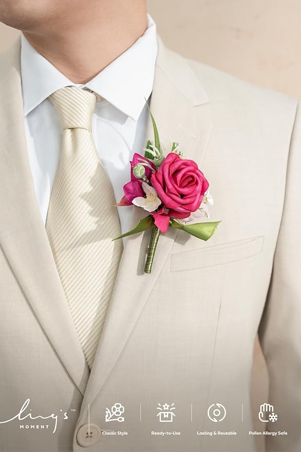 Ling's moment Boutonniere for Men, 6pcs Groom Groomsmen Boutonniere, Artificial Flowers for Wedding Decor/Prom/Homecoming, etc.Hot Pink Magenta Blush