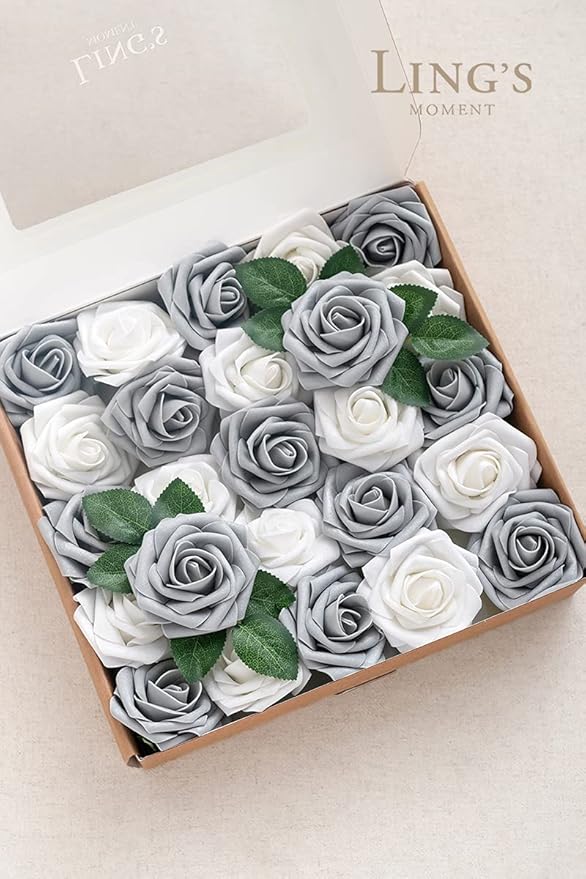 Ling’s Moment Artificial Flowers 25Pcs Silver & Grey Roses Decor w/Stems,3" Real Touch DIY Foam Floral for Wedding Bouquet/Centerpieces, Outdoors Party Backdrop, Room/Table, and Garden/Pot Decorations