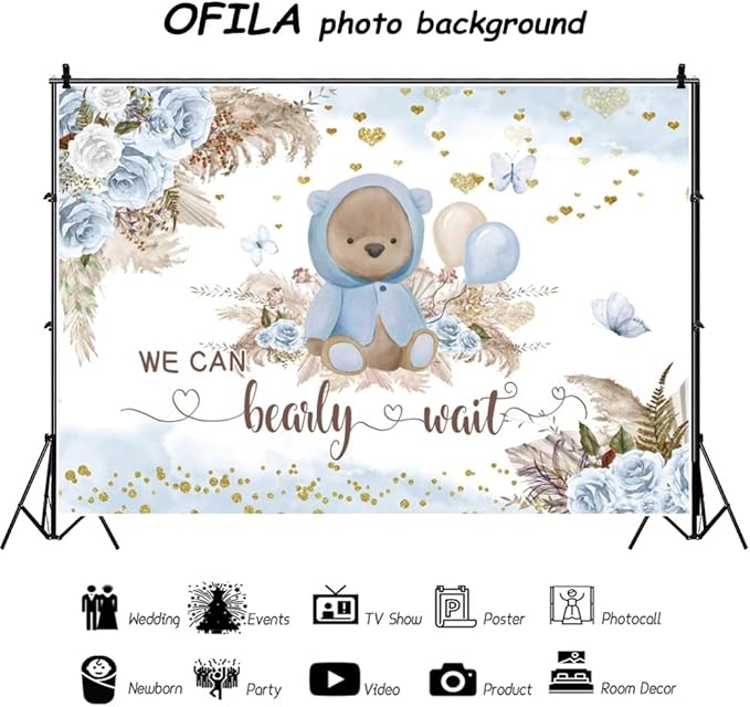 Boy We Can Bearly Wait Backdrop Boho Baby Shower Party Backdrop 8x6ft Blue Floral Boho Pampas Grass Bear Baby Shower Photography Background Birthday Party Background Cake Table Decor