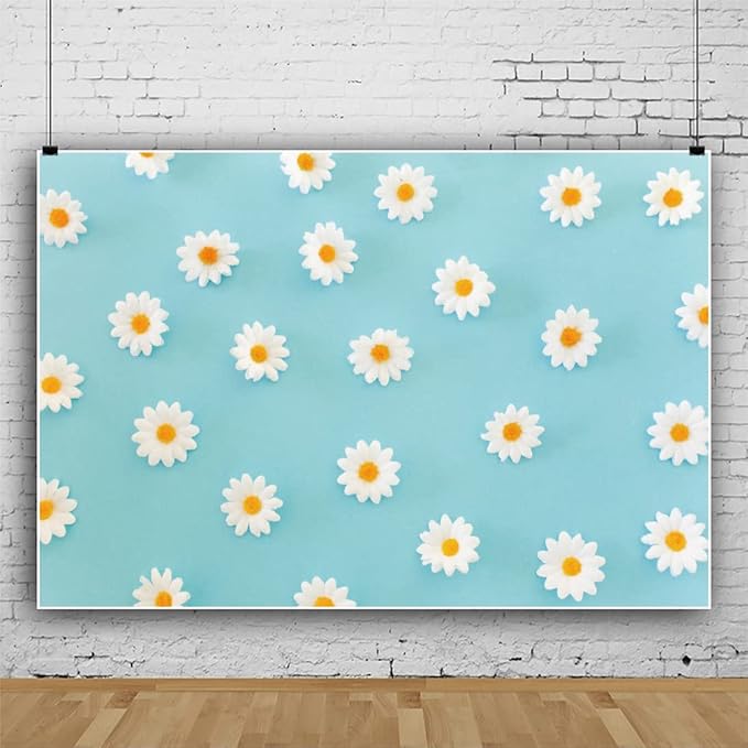 Daisy Flower Backdrop for Photography White Floral Blue Photo Background Baby Shower Birthday Party Decorations Cake Table Banner Girls Children Portrait Photoshoot Studio Props 8x6ft Vinyl