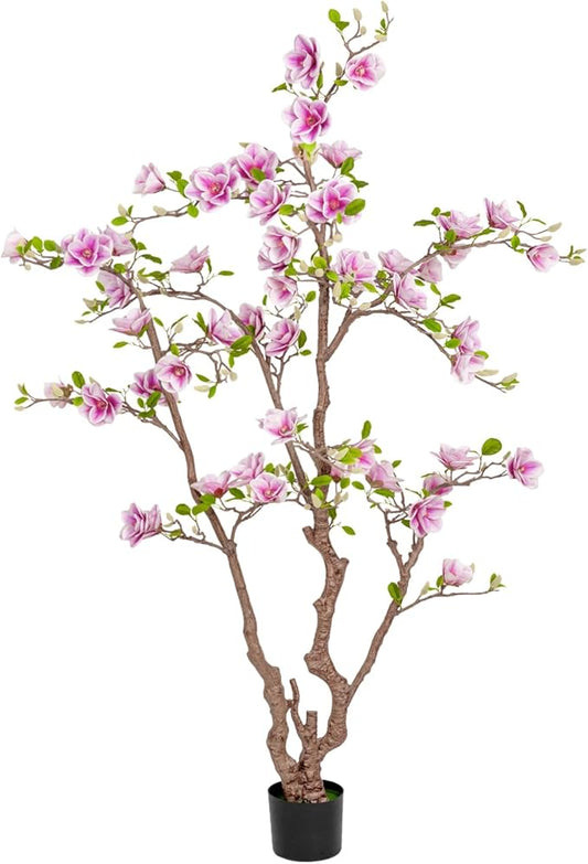 Faux Magnolia Tree 6.8 ft - with 57 Pcs White-Purple Flowers - Tall Artificial Plants Indoor, Large Fake Plant Perfect Potted Magnolia Flower Decor for Living Room, Stairs, Shop, Porch, Study Room