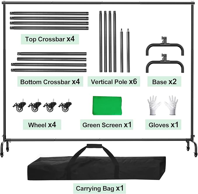 7x10ft Green Screen Backdrop Kit with Stand, 9.5x9.5ft Large Greenscreen Background Movable Backdrop Stand with Wheels for Streaming, Photography, Video Recording