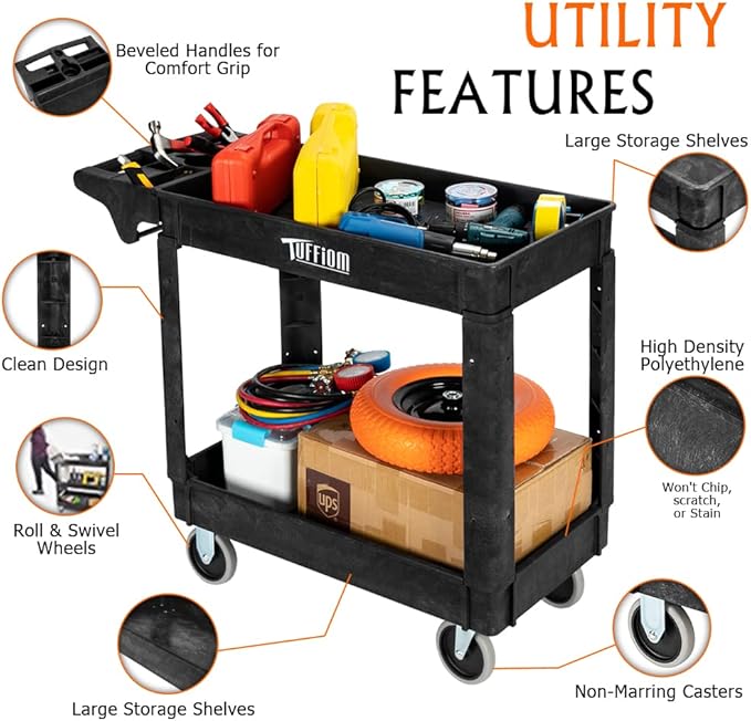 TUFFIOM Plastic Service Utility Cart with Wheels, 550lbs Capacity Heavy Duty Tub Storage Cart W/Deep Shelves, Multipurpose Rolling 2-Tier Mobile Storage Organizer, for Warehouse Garage Industrial