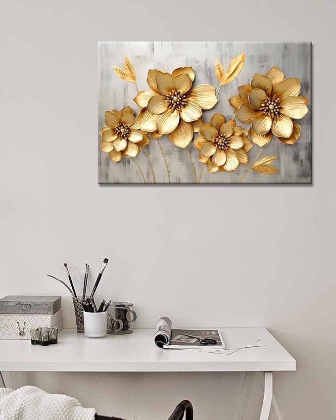 GLOKAKA Gold Metallic Flowers Print Wall Art Elegant Floral Flower Canvas on Grey Background Painting Picture Artwork for Living Room Bedroom Bathroom Decor (Gold Metallic Flowers, 24"x16")