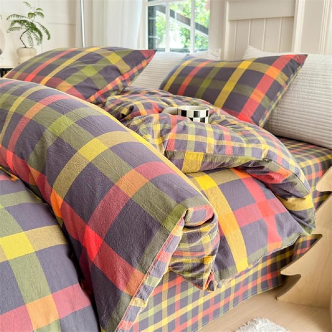 Multicolor Plaid Queen Size Comforter Set Modern Style Checkered Pattern Comforter Buffalo Grid Plaid Gingham Bedding Comforter Set for All Seasons Farmhouse Grid Bed Comforter with 2 Pillowcases