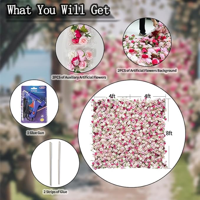 8x8ft(2 pcs of 4ftx8ft) Artificial Silk Fabric Flower Wall Cloth-Based Background 5D Pink Rose Fabric Rolling Up Floral Backdrop for Wedding Baby Shower Party and Home Decor