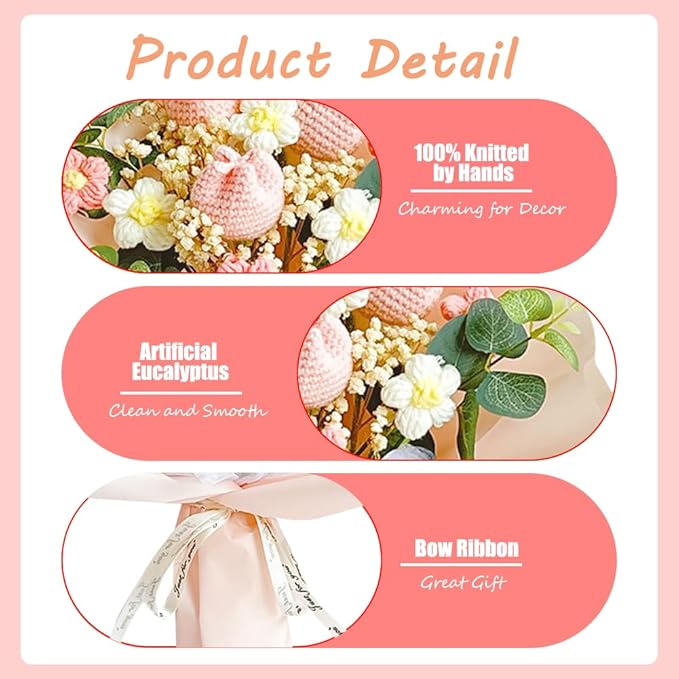 Crochet Flower Tulip Bouquet: Handmade Artificial Flower Knitted Sunflower Bouquet for Festival Wedding Graduation Anniversary (Pink)