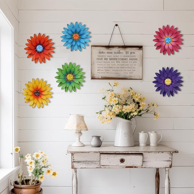 hogardeck Metal Flower Wall Decor - 6 PCS 8" Multicolor Flower Decor for Indoor Outdoor, Sunflower Kitchen Decor Floral Metal Wall Art, Sunflower Wall Decor for Bathroom, Living Room, Porch, Garden, Yard