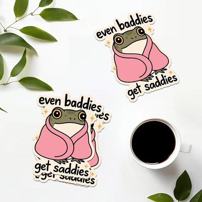 HANDICHI Design 5-Pack 6 Inch Even Baddies Get Saddies Frog Stickers – Funny Mental Health Vinyl Decal Set for Laptops, Water Bottles, Journals & Scrapbooks – Cute Baddie Sticker Pack