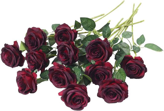 12 PCS Artificial Flowers Roses Silk Flowers Fake Long Stem Artificial Roses for Home Wedding Bathroom Kitchen Decorations (Wine Red)