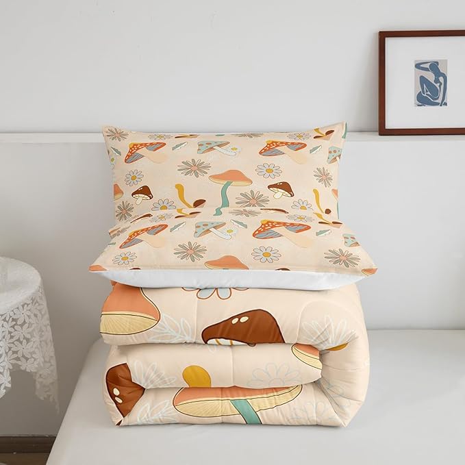 Castle Fairy 60s 70s Retro Mushroom Bedding Comforters King Size,Groovy Flowers Floral Duvet Set for Bedroom Decor,Boho Art Durable Comforter Set with 2 Pillowcases