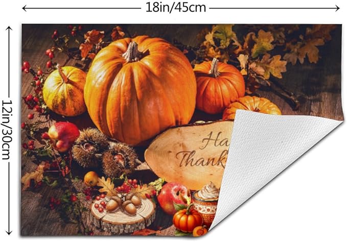 PVC Placemats Set of 6 Wipeable Table Mats Washable Heat Resistant Non Slip Vinyl Dining Table Mat for Kitchen Indoor Outdoor Patio Farmhouse Place Mats Thanksgiving Pumpkin Decorate Decorative