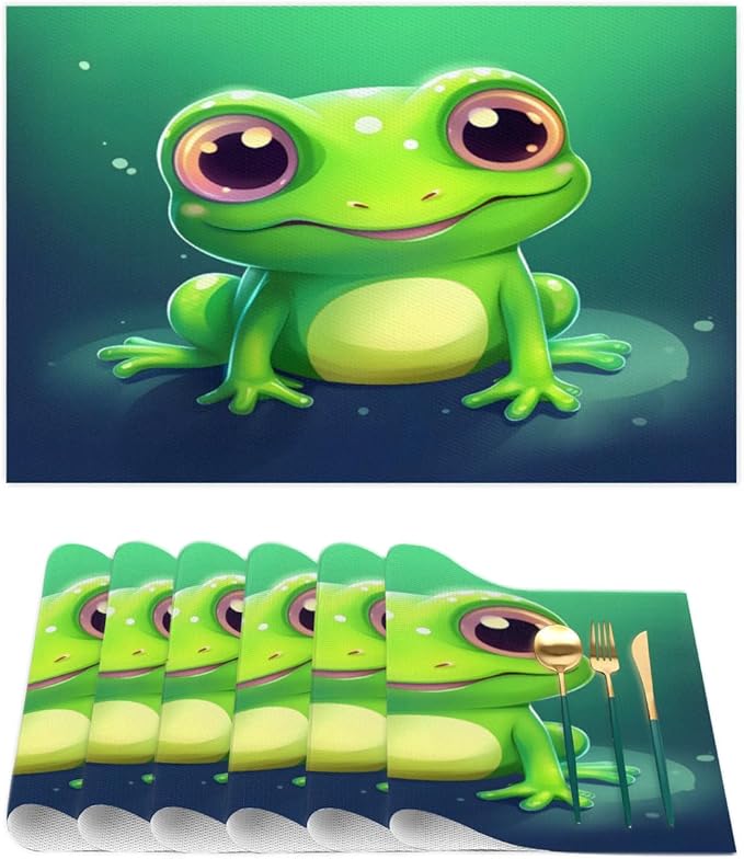 Frog Animal Green Placemats Set of 1 PVC Vinyl Non Slip Table Mats Waterproof Heat Resistant Place Mats Washable Wipeable Dining Table Mat for Kitchen Party Farmhouse Indoor Outdoor Decorative