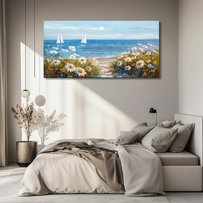 PHAOHUAXM Home Decor Printing Canvas Picture Blue Ocean Landscape Painting Wall Art For Living Room Farmhouse Dinin Mural White Flowers Bedroom Office Wall Decoration Artwork Easy To Hang 20x40 In