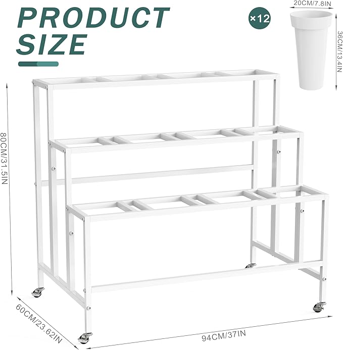 Asee'm Flower Display Stand with 12 Buckets, 3-Tier Flower Stand with Wheels, Heavy Duty Moving Metal Plant Bar Cart Stands Florist Bouquet Shelf for Indoor Outdoor Patio Garden(White - Round Bucket)