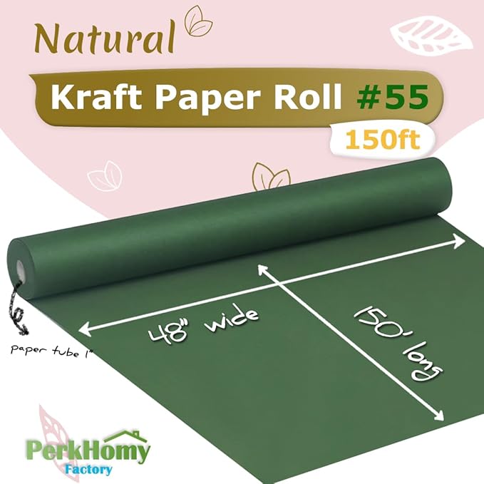 PerkHomy Dark Green Kraft Paper Roll 48" x 1,800" (150') for Gift Wrapping Bouquet Flower Art Painting Craft Writing Packaging Shipping 80GSM 55LB (Dark Green, 48" x 150')