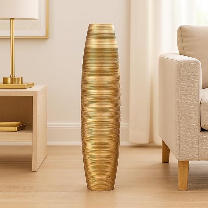 Leewadee Large Gold Home Decor Floor Vase - Wooden 26 inch Tall Farmhouse Decor Flower Holder for Fake Plant and Pampas Grass