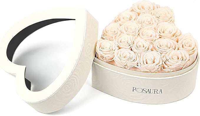 Rosaura Heart-Shaped Preserved Roses Gift Box - Real Forever Flowers for Birthday, Valentine's & Mother's Day (Champagne, 16 roses)