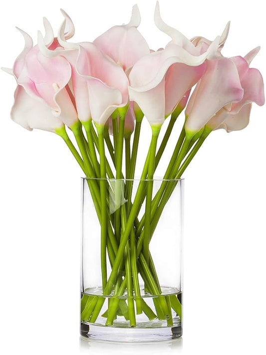 ENOVA HOME 20 Pieces Artificial Real Touch Lilies Flower Arrangement in Glass Vase with Faux Water for Home Decoration (Pink)